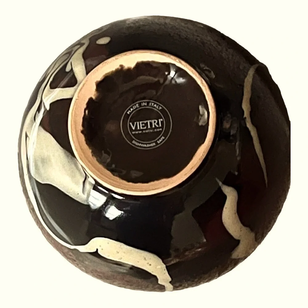 Vietri round terracotta glazed vase brown black tan collection modern Italy 6”.
